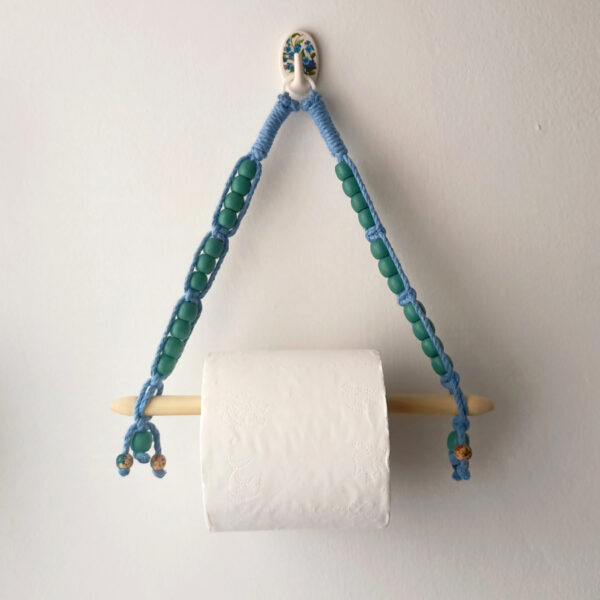 Tissue pepper holder with 9" wooden rod - BLUE | Hand-Crafted| macramé | Knotted | Beaded |Artistic - Image 3