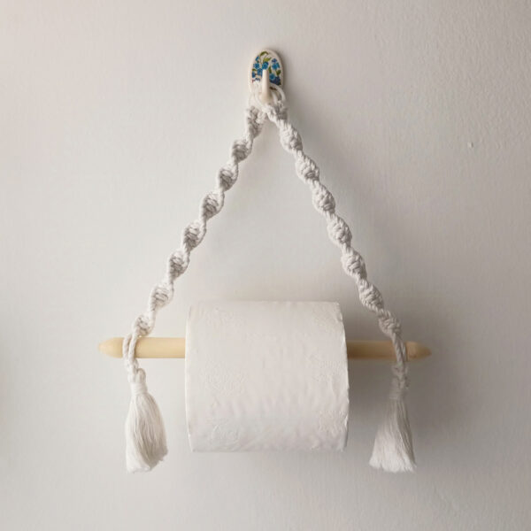 Tissue pepper holder with 9" wooden rod - WHITE | Hand-Crafted| macramé | Knotted | Beaded |Artistic - Image 2