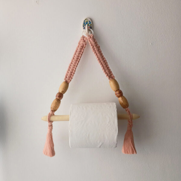 Tissue pepper holder with 9" wooden rod - Peach | Hand-Crafted| macramé | Knotted | Beaded |Artistic - Image 2