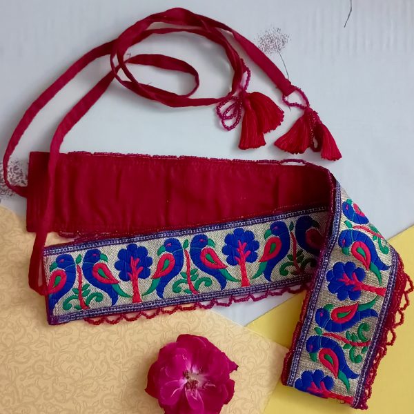Raavi blue with mehroon bird waist belt
