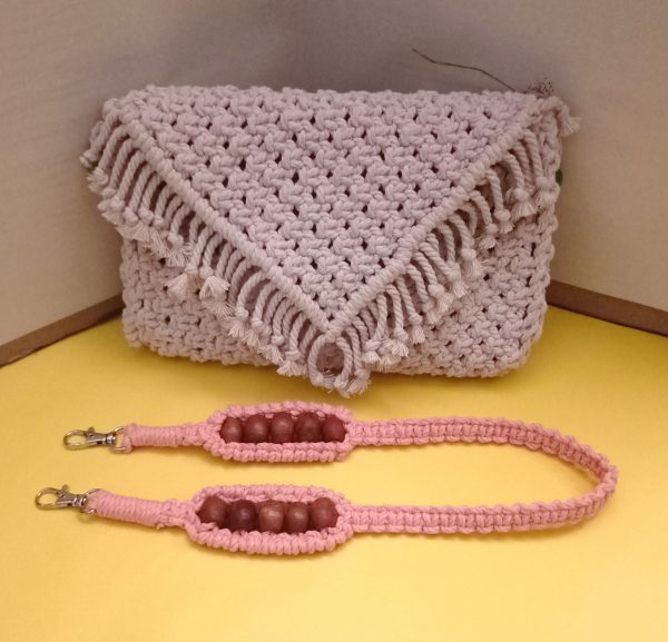 peach macramé brown beaded strap