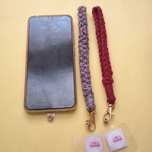 mobile holder multi color & mehroon (1) key chain mini macramé - combo mehroon & mutli color